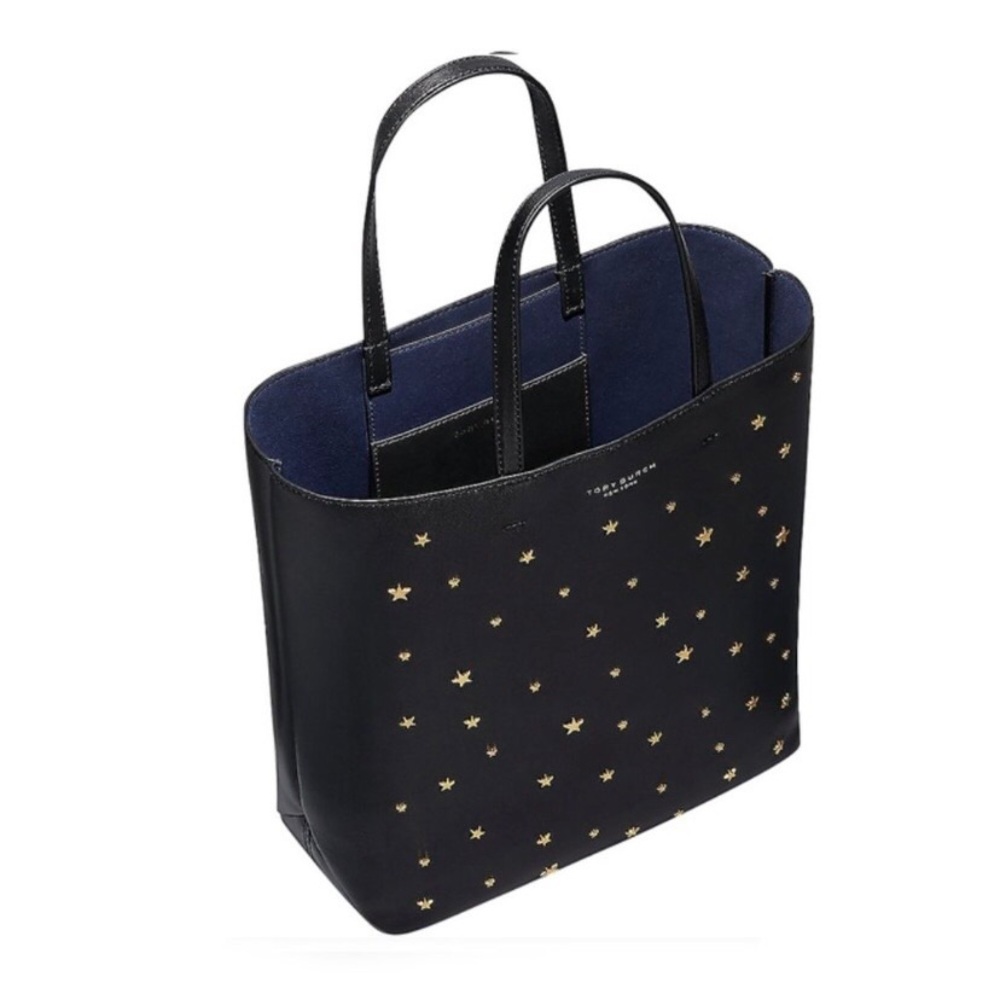 $398 Tory Burch Fleming Black Lambskin Leather Gold Star Studs Satchel Tote Bag